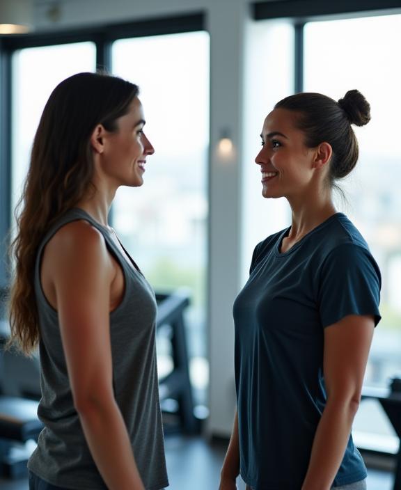 A coach attentively listening to a client in a bright, modern gym setting.