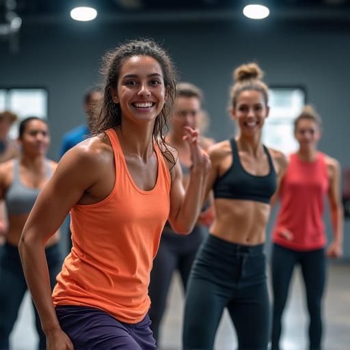 A diverse group of people in an energetic fitness class.