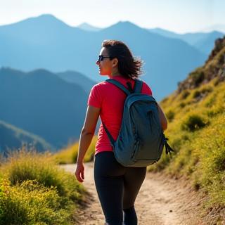 Priya Sharma hiking on a mountain trail, looking healthy and strong.